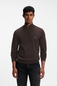 Cotton-cashmere sweater with zip collar, Dark Brown