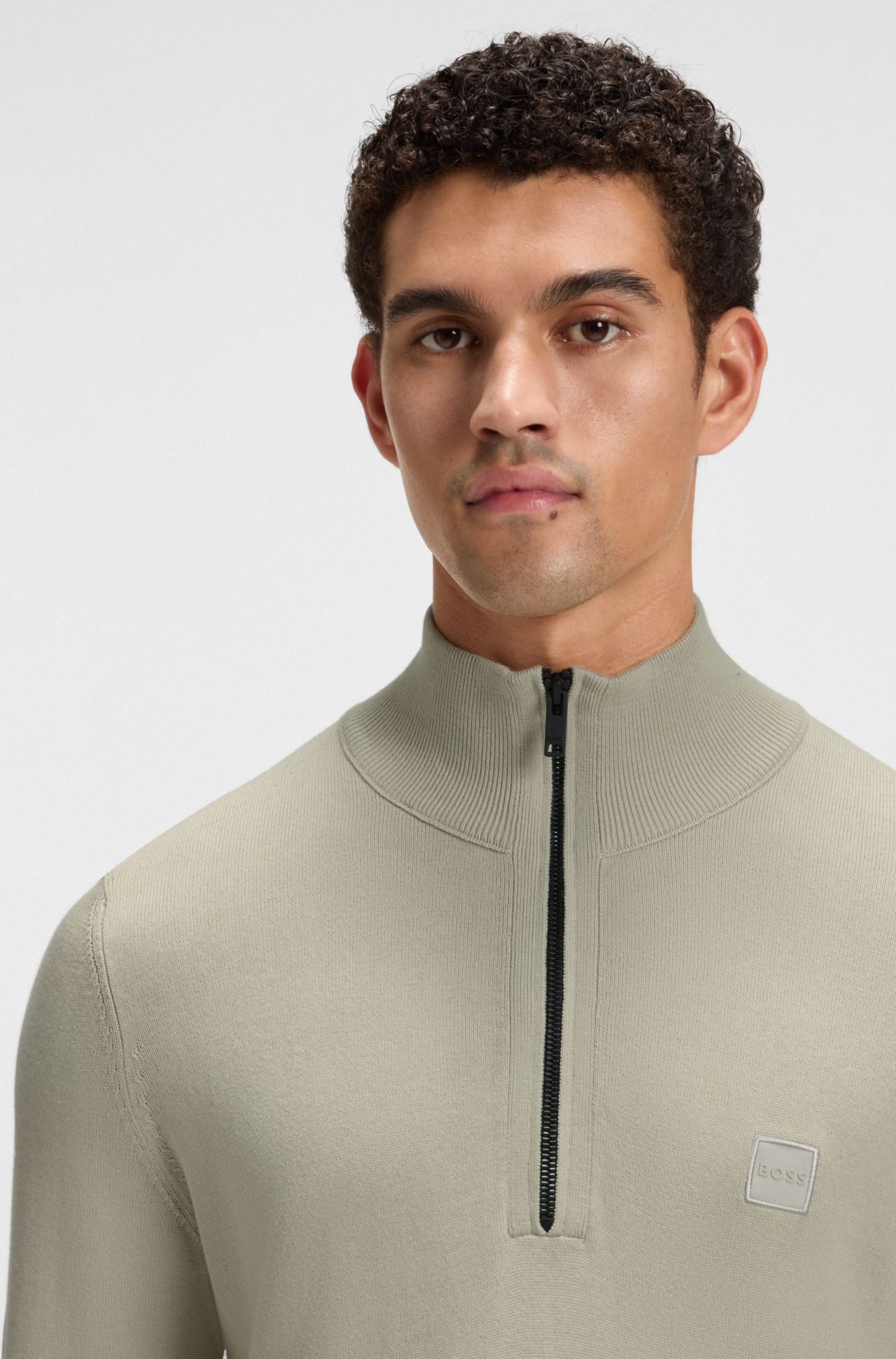 Logo-patch zip-neck sweater in cotton and cashmere, Natural