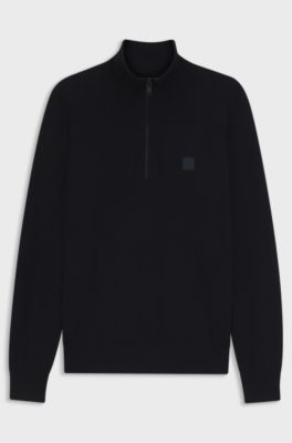 Pull en coton et cachemire avec encolure zipp&eacute;e, Bleu fonc&eacute;