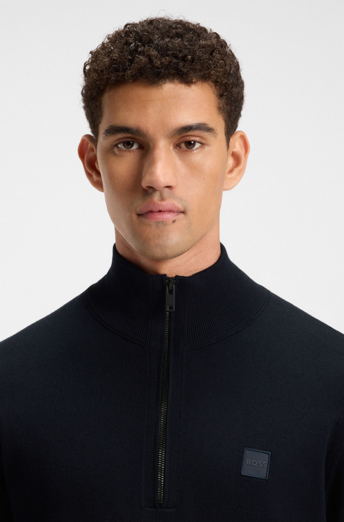 Logo-patch zip-neck sweater in cotton and cashmere, Dark Blue