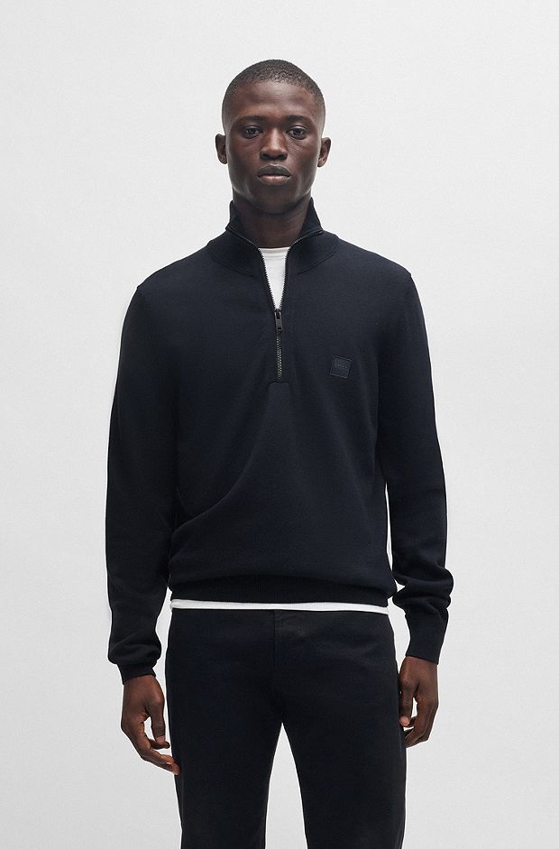 BOSS - Logo-patch zip-neck sweater in cotton and cashmere BOSS - Logo-patch zip-neck sweater in cotton and cashmere