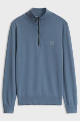 Cotton-cashmere sweater with zip collar, Blue