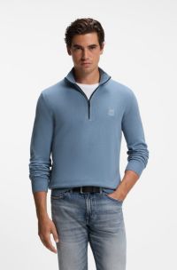 Cotton-cashmere sweater with zip collar, Blue
