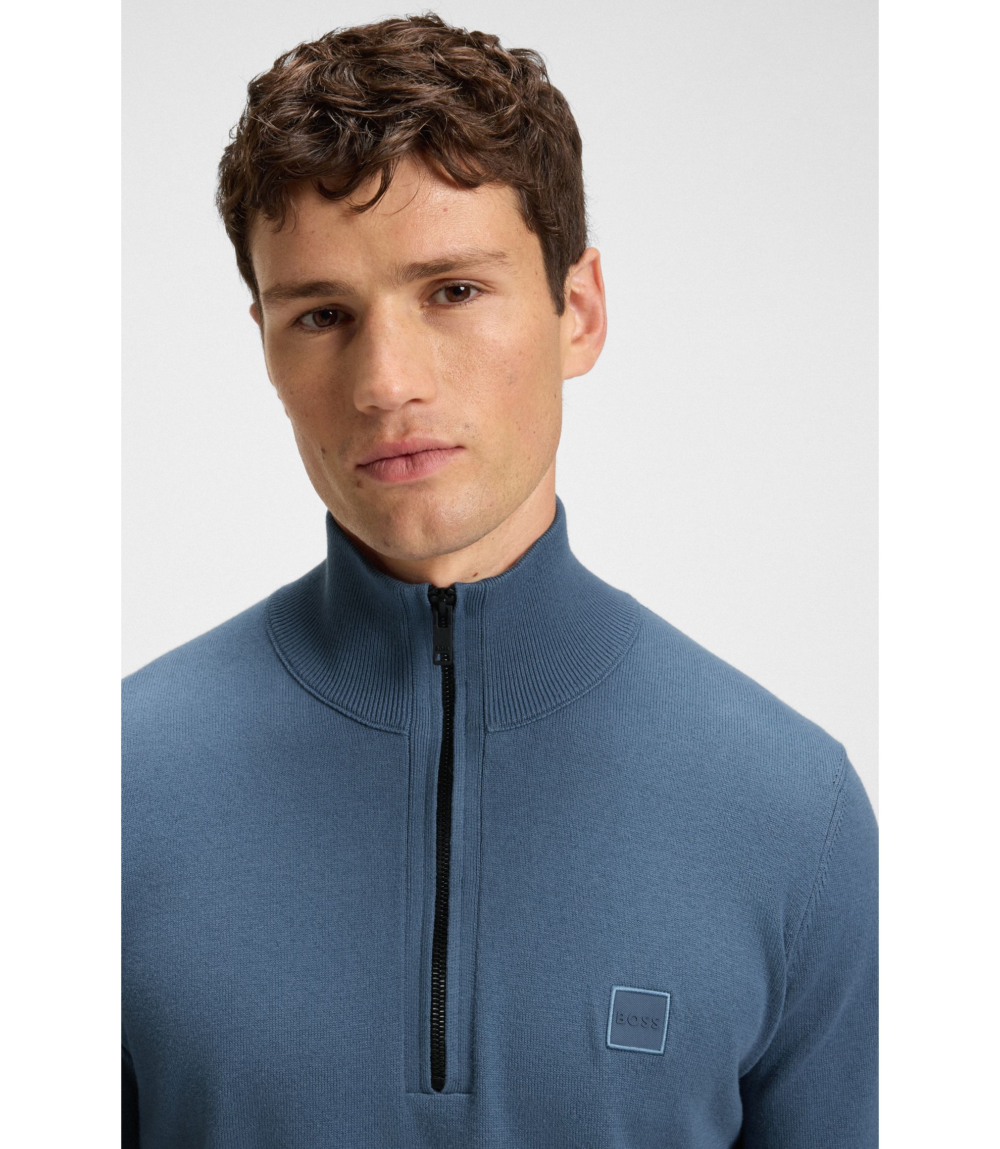BOSS - ジップネックセーター コットン/カシミア - ブルー
