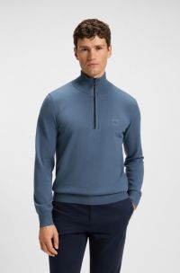 Logo-patch zip-neck sweater in cotton and cashmere, Blue