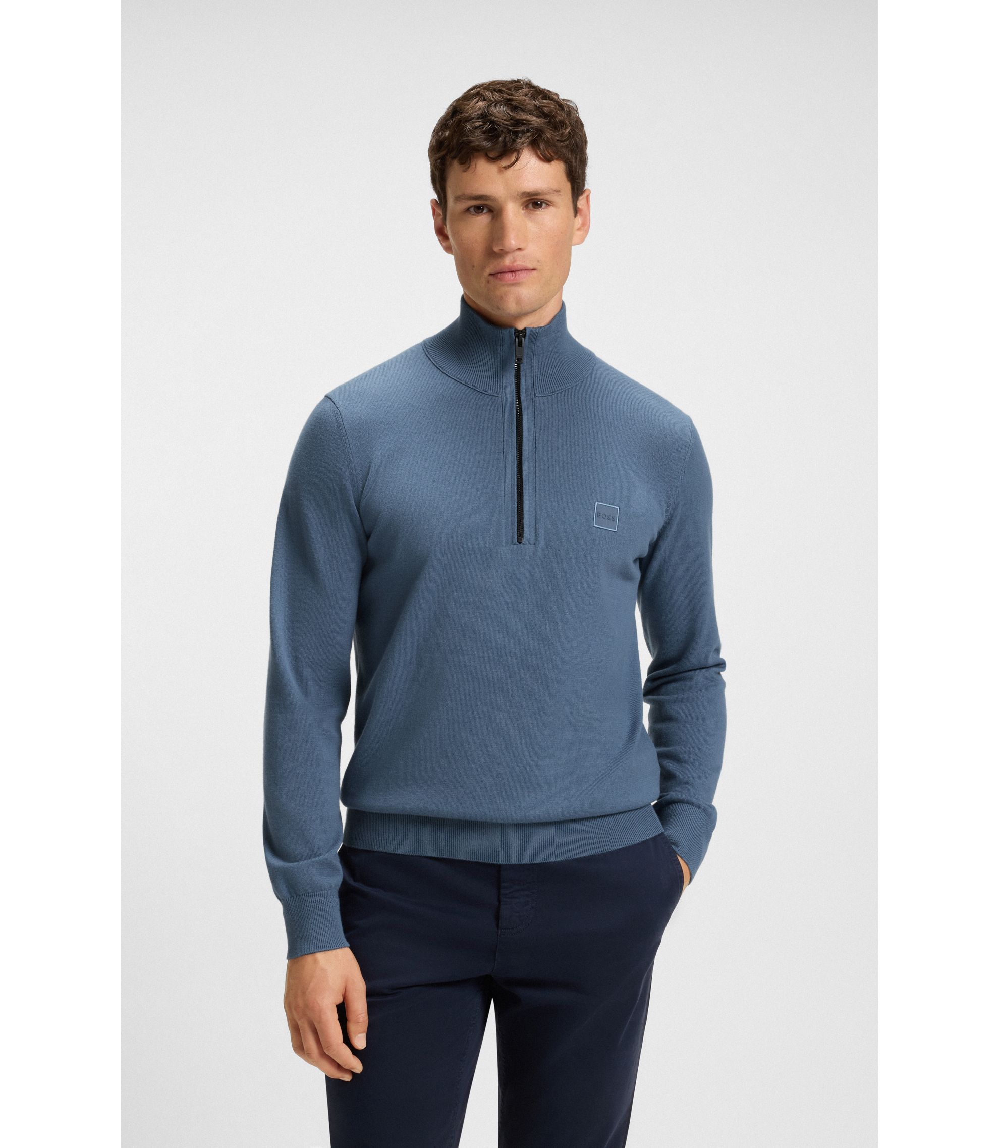 BOSS - Logo-patch zip-neck sweater in cotton and cashmere - Blue