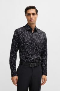 Regular-fit shirt in printed stretch cotton, Black Patterned