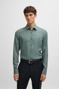 Slim-fit shirt in printed poplin, Green Patterned