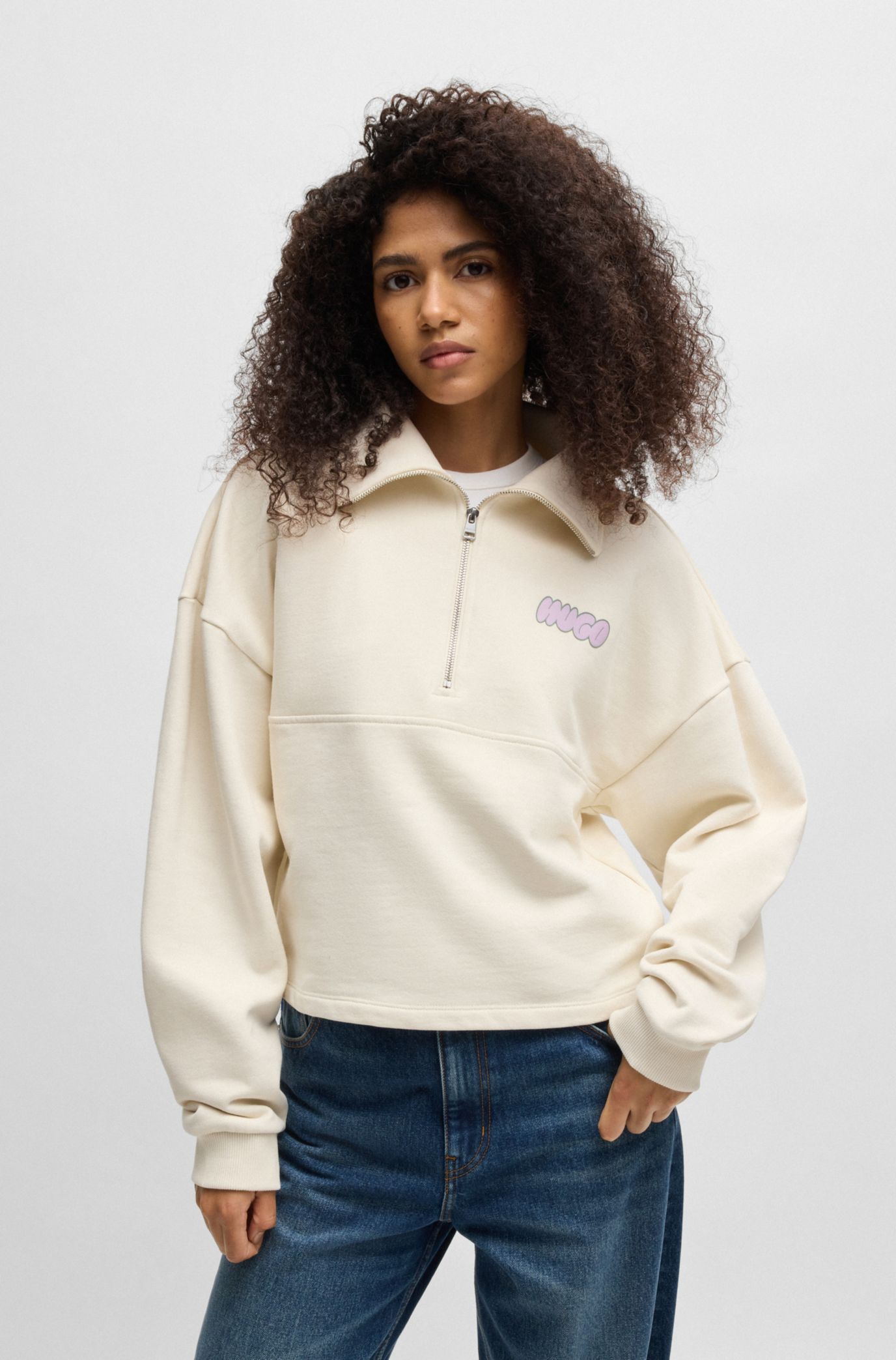 Cotton-terry sweatshirt with seasonal logo graphics, Natural