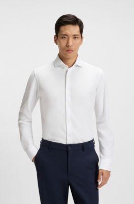 Slim-fit shirt in cotton-piqu&eacute; jersey, White