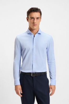 Slim-fit shirt in cotton-piqu&eacute; jersey, Light Blue