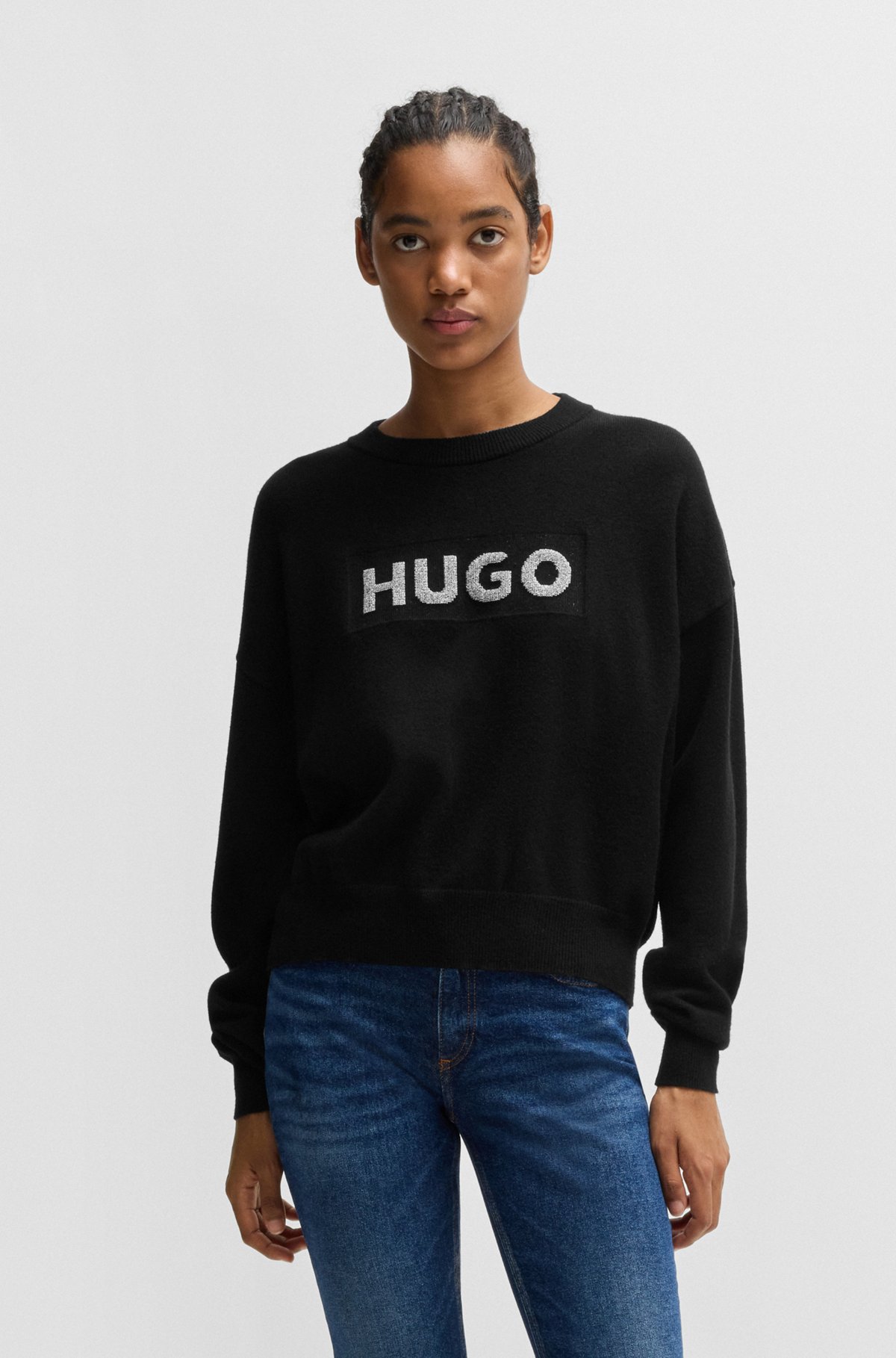 HUGO - Relaxed-fit sweater with crew neck and sparkle logo HUGO - Relaxed-fit sweater with crew neck and sparkle logo