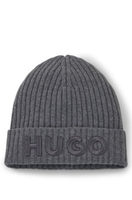 Virgin-wool beanie hat with embroidered logo, Dark Grey