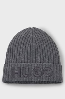 Virgin-wool beanie hat with embroidered logo, Dark Grey
