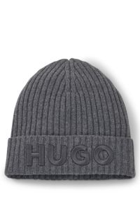 Virgin-wool beanie hat with embroidered logo, Dark Grey