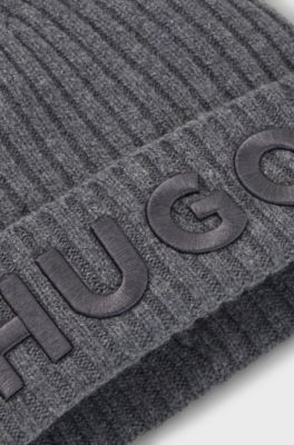 Virgin-wool beanie hat with embroidered logo, Dark Grey