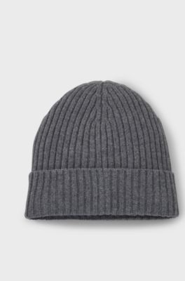 Virgin-wool beanie hat with embroidered logo, Dark Grey
