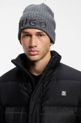 Virgin-wool beanie hat with embroidered logo, Dark Grey