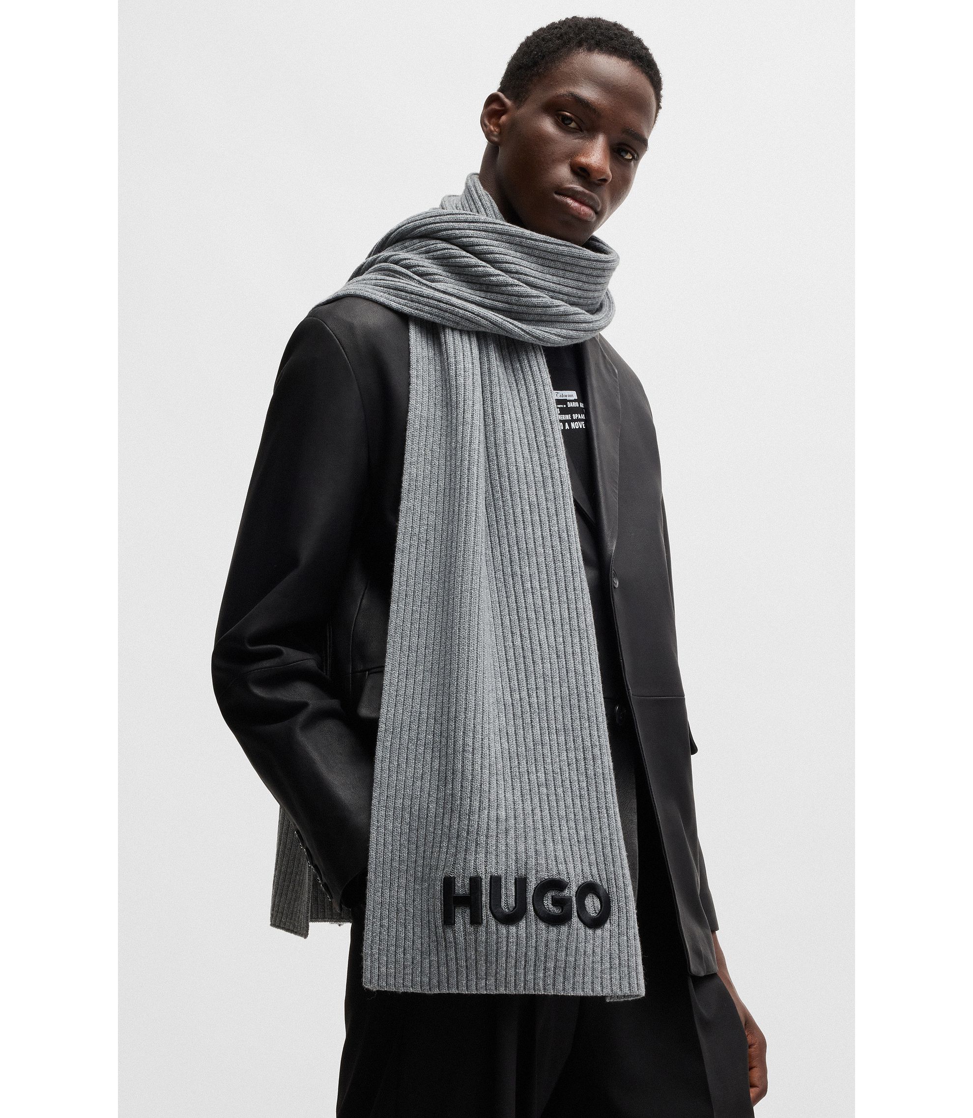 HUGO - Ribbed scarf in virgin wool with embroidered logo - Grey HUGO - Ribbed scarf in virgin wool with embroidered logo - Grey