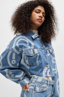 HUGO - Cropped denim jacket with Happy HUGO print - Blue Patterned