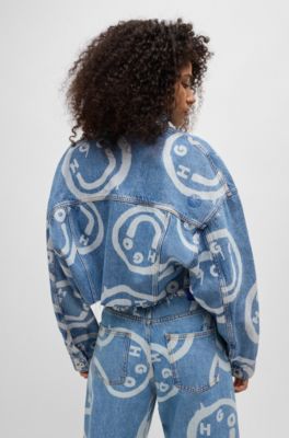 HUGO - Cropped denim jacket with Happy HUGO print - Blue Patterned