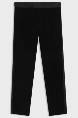 Slim-fit tuxedo trousers in cotton velvet, Black