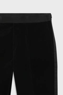 Slim-fit tuxedo trousers in cotton velvet, Black
