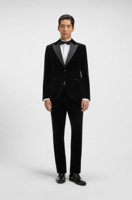 Slim-fit tuxedo trousers in cotton velvet, Black