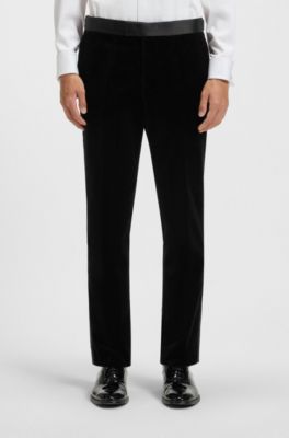Slim-fit tuxedo trousers in cotton velvet, Black