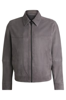 HUGO BOSS ラムレザー スエード シャツジャケット チャコールグレー BOSS - レギュラーフィットジャケット ソフトスエード ジップ