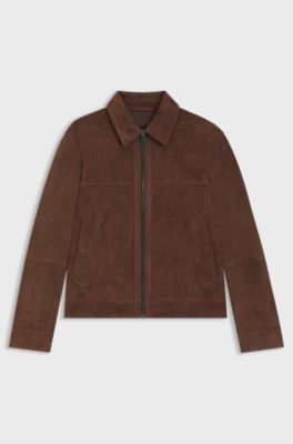 Regular-fit jacket in soft suede with zip front, Dark Brown