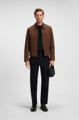 Regular-fit jacket in soft suede with zip front, Dark Brown