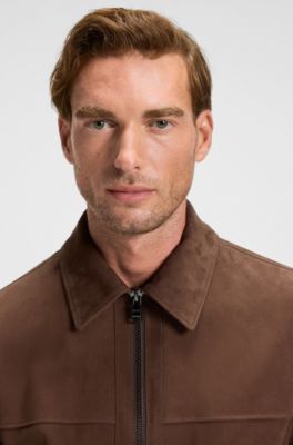 Regular-fit jacket in soft suede with zip front, Dark Brown