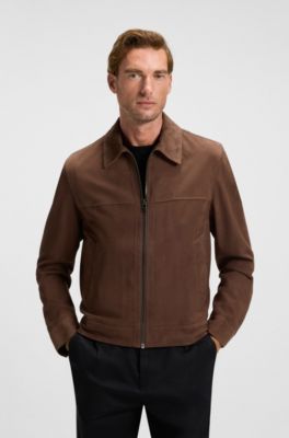 Regular-fit jacket in soft suede with zip front, Dark Brown