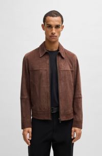 Regular-fit jacket in soft suede with zip front, Dark Brown