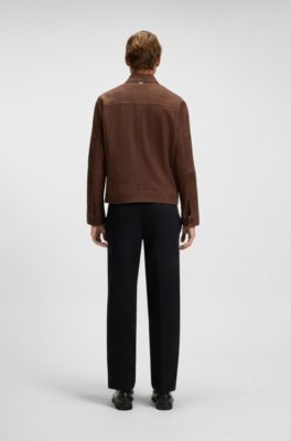 Regular-fit jacket in soft suede with zip front, Dark Brown