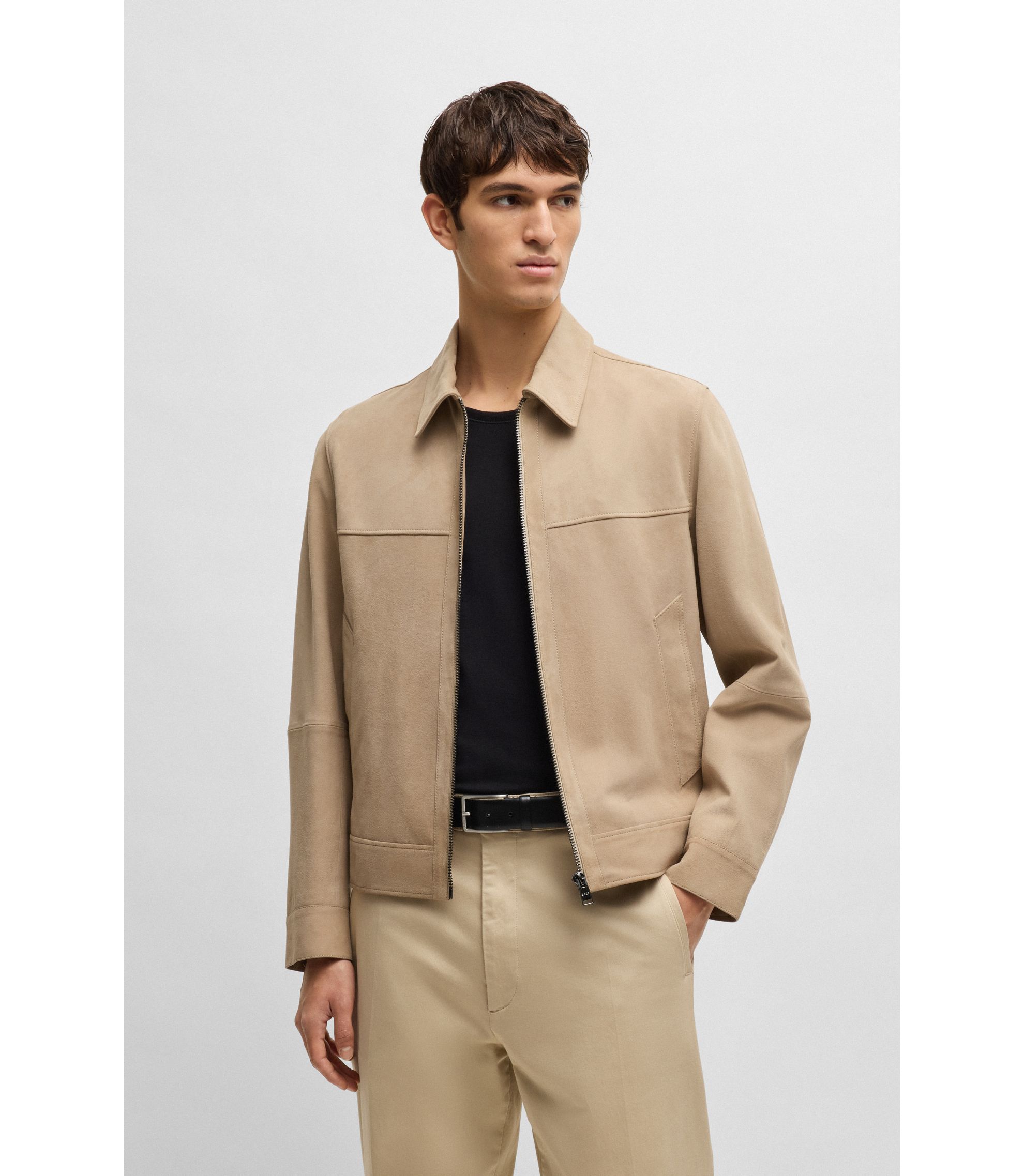 BOSS - Regular-fit jacket in soft suede with zip front - Light Beige