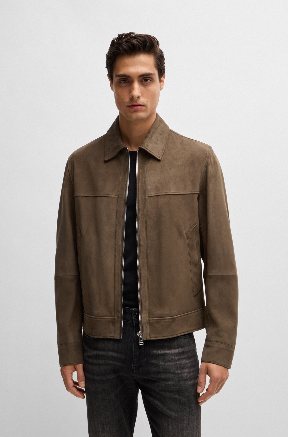 BOSS - Regular-fit jacket in soft suede with zip front - Brown BOSS - Regular-fit jacket in soft suede with zip front - Brown