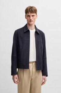 Regular-fit jacket in soft suede with zip front, Dark Blue