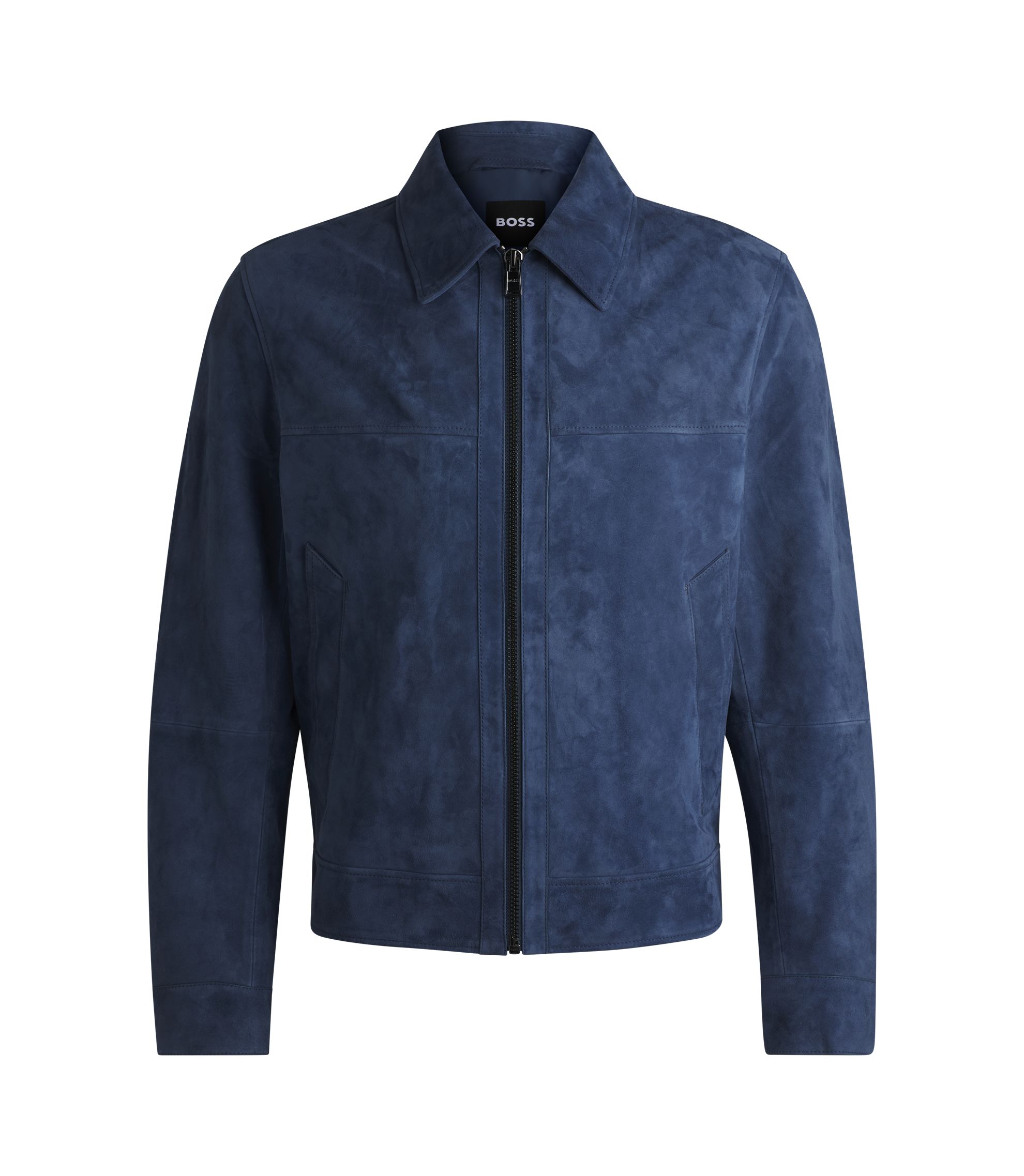 BOSS - Regular-fit jacket in soft suede with zip front - Blue