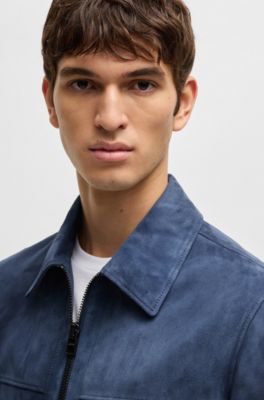 Regular-fit jacket in soft suede with zip front, Blue