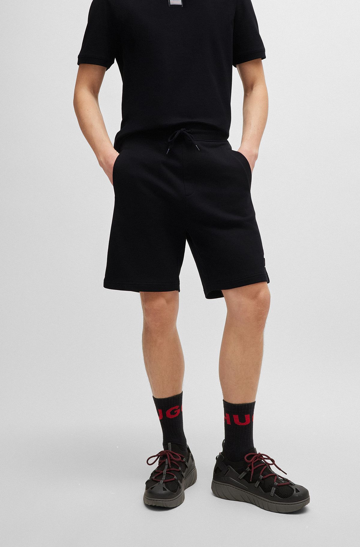 Cotton-terry relaxed-fit shorts with logo trim, Black