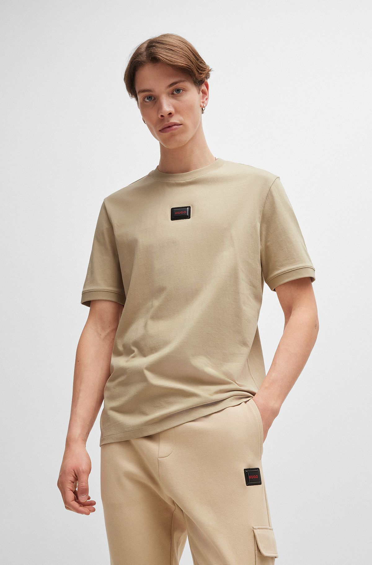 Cotton-jersey T-shirt with jelly logo label, Light Beige