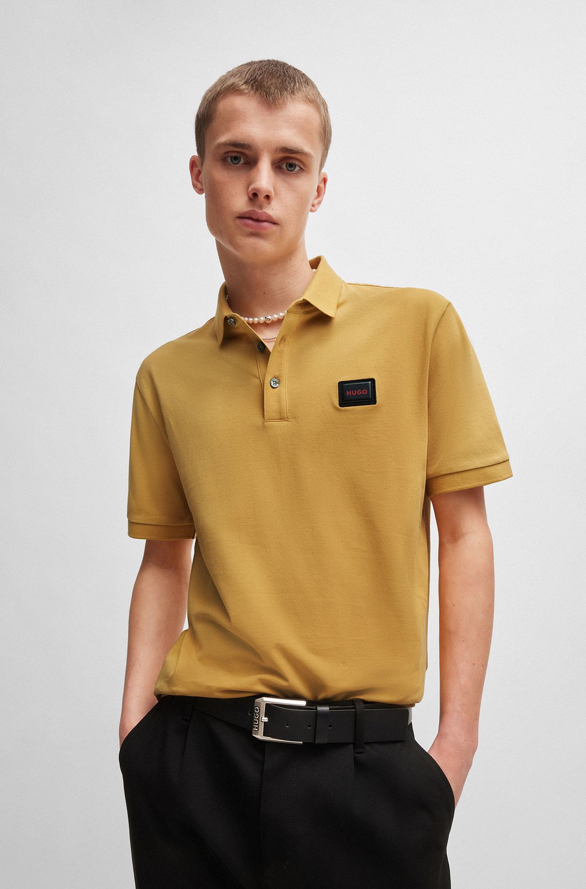Cotton-piqué polo shirt with jelly logo label, Yellow
