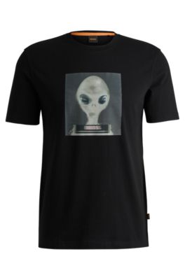 Regular-fit T-shirt in cotton jersey with seasonal artwork, Black