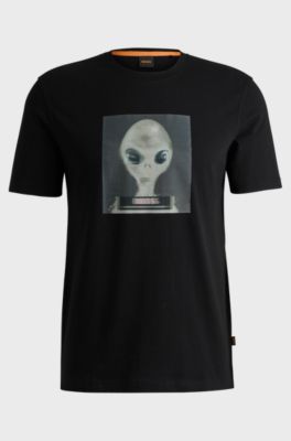 Regular-fit T-shirt in cotton jersey with seasonal artwork, Black