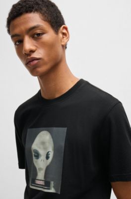 Regular-fit T-shirt in cotton jersey with seasonal artwork, Black