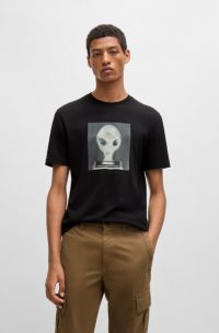 Regular-fit T-shirt in cotton jersey with seasonal artwork, Black