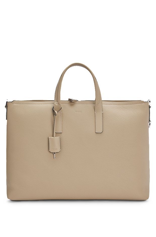 Leather holdall with detachable keyholder and two-way zip, Beige