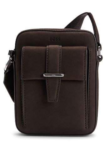 Leather reporter bag with branded trims, Dark Brown
